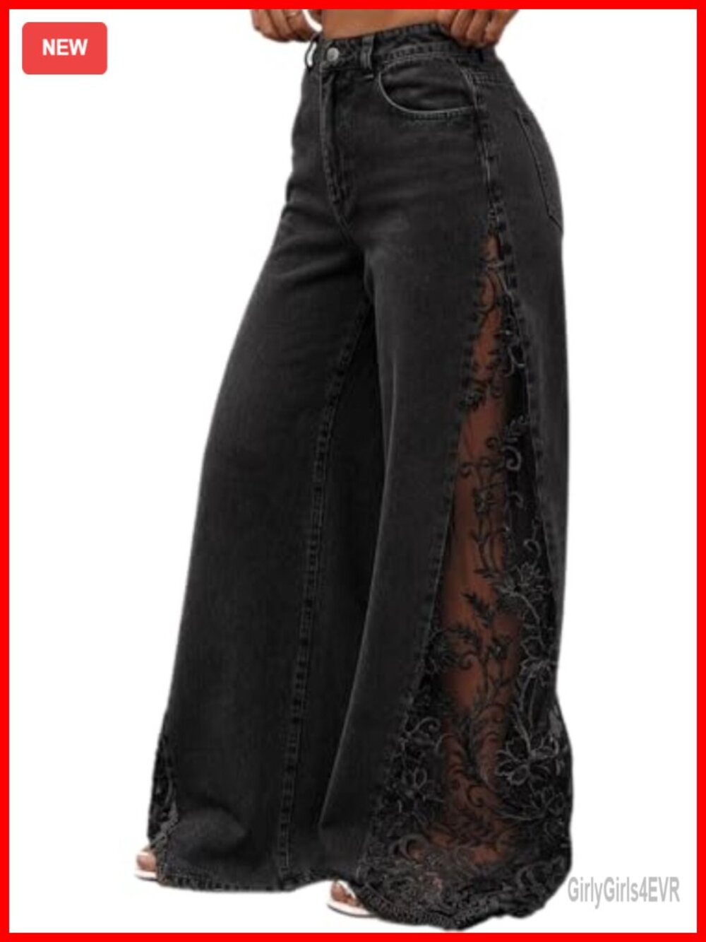 Women Floral Lace Patchwork Wide Leg High Rise Jeans Baggy Denim Pants